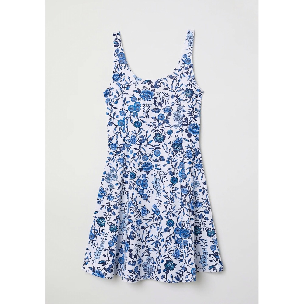 H&M Divided Skater Dress Womens 2 Blue White Floral Mini Sleeveless Fit & Flare